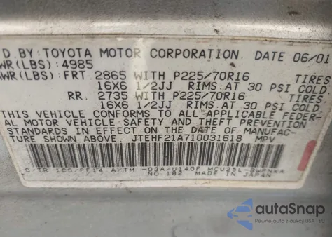 2001 Toyota Highlander V6 from USA, damaged, VIN JTEHF21A710031618